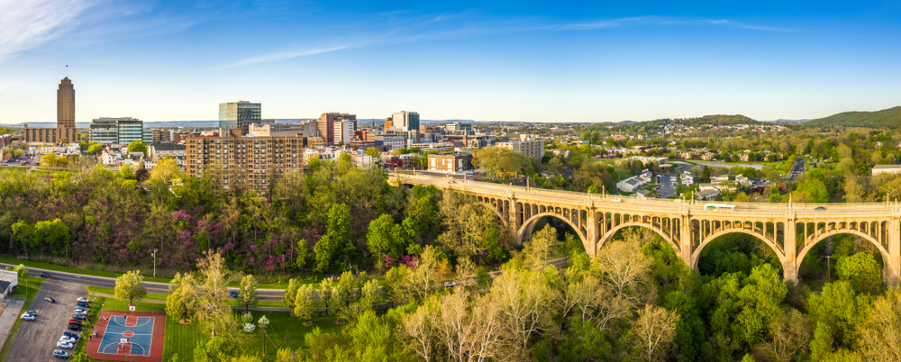 An overhead shot of Allentown, PA shows that this is one of the cheapest places to fly from Fort Lauderdale, and worth a visit with its natural greens, town to explore, and central hub location .