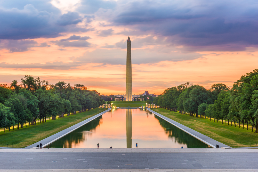 At sunset the Washington monument stands tall, trees lining either side, the reflection in it's pool, truly representing DC.