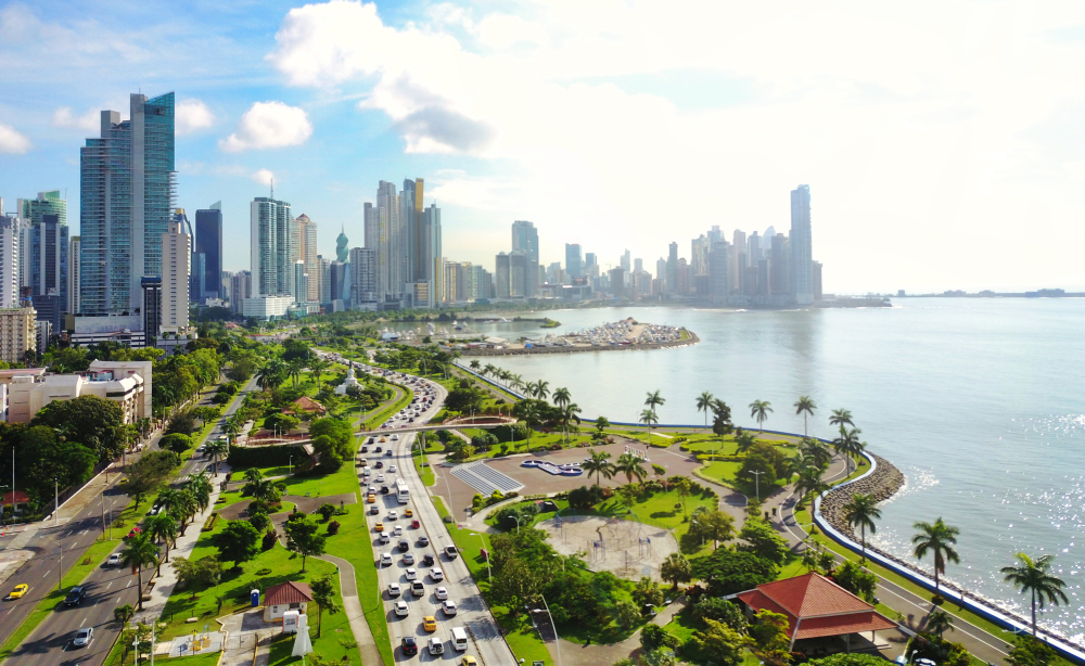 Aerial view of the modern skyline of Panama City , Panama with modern Highrise buildings. The article is about cheapest places to fly from Florida.