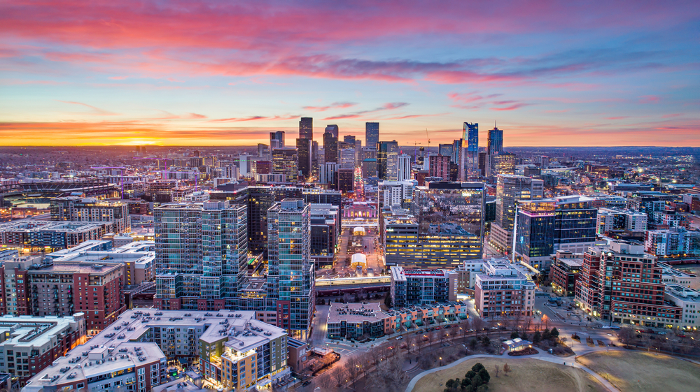 Denver, Colorado, USA Drone Aerial Skyline. The article is about cheapest places to fly from Miami