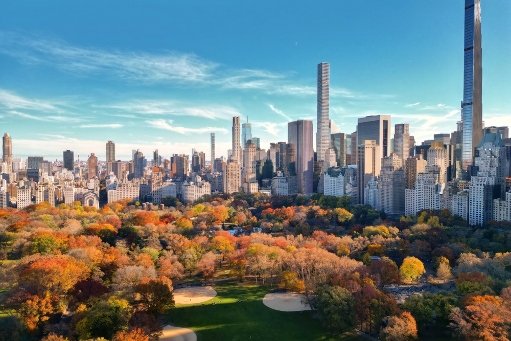 New York City Central Park. Top view with Autumn tree. Autumn Central Park view from drone one of the cheapest places to fly from Miami