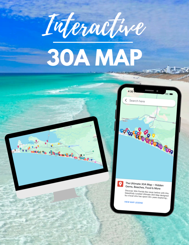 image reading Interactive 30A Map set against a bright beach backdrop. A desktop monitor and smartphone both display a detailed 30A map lined with multicolored pins marking beaches, restaurants, and local attractions along the coast