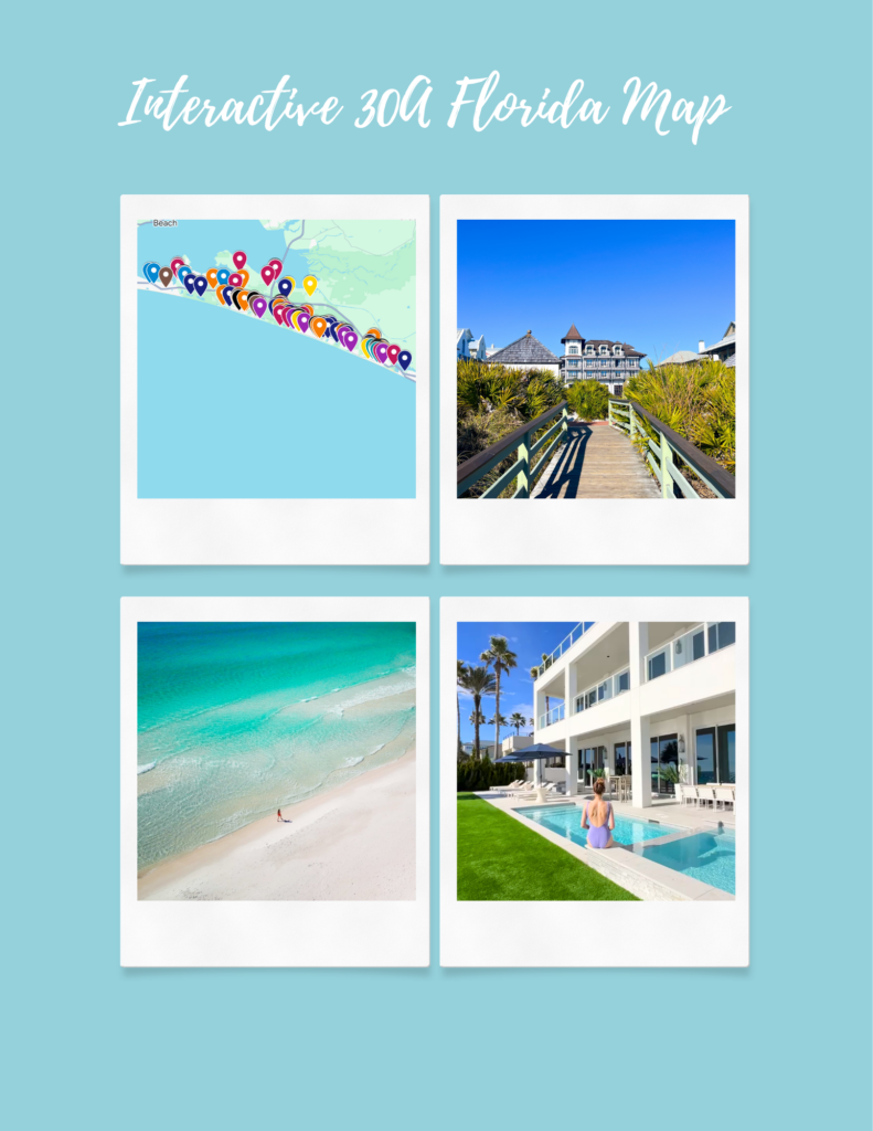 image reading Interactive 30A Map set against a bright beach backdrop. A desktop monitor and smartphone both display a detailed 30A map lined with multicolored pins marking beaches, restaurants, and local attractions along the coast.