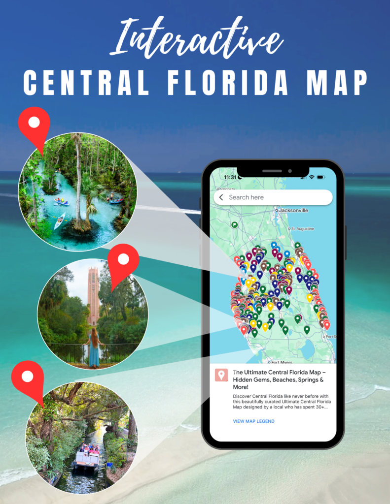 Graphic that reads Interactive Central Florida Map over a beach background with turquoise water. A smartphone displays a map of Central Florida covered in colorful location pins, with circular photos of kayaking in a clear spring, a woman overlooking Bok Tower, and an airboat ride in lush greenery highlighting hidden gems and outdoor adventures.
